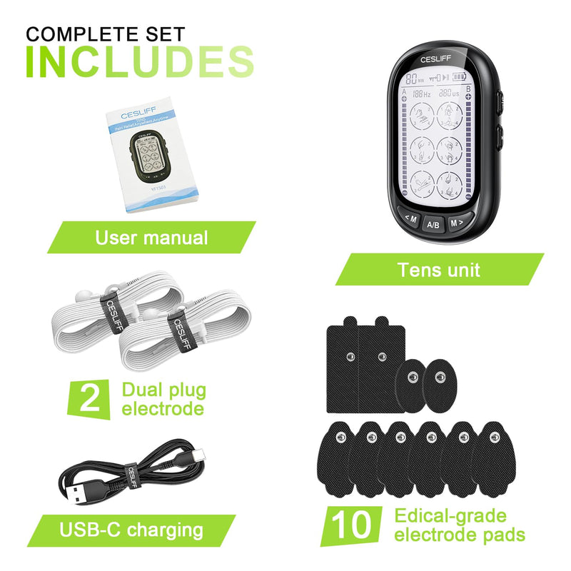 Dual Channel TENS EMS Unit 24 Modes 36 Levels, Upgraded Large Screen Intensity Muscle Stimulator for Back Neck Shoulder Pain Relief, Rechargeable Electric Pulse Massager TENS Machine with 10 Pads Black