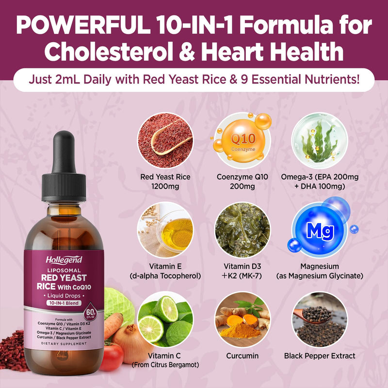 [Australia] - Liposomal Red Yeast Rice with CoQ10 Liquid Drops, 1200mg Red Rice Yeast Extract for Cholesterol Supplement,with Citrus Bergamot & Vitamins for Antioxidant,Heart Health, Vegan,2 FL OZ 
