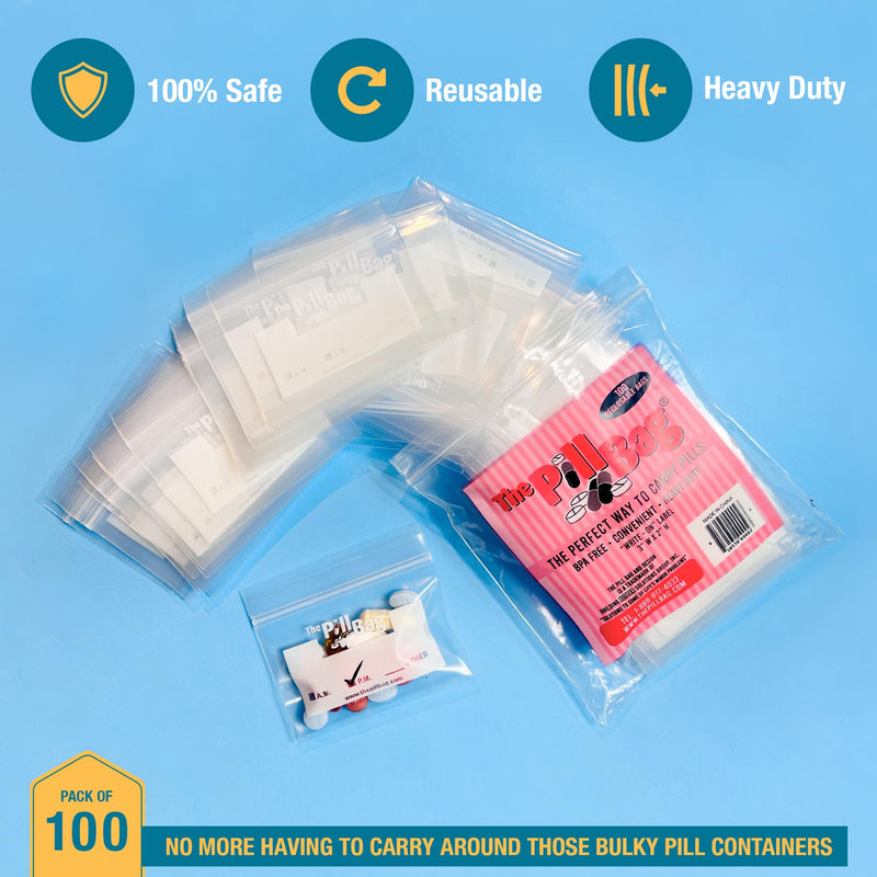 3 mil Strong, Flexible, Comfortable.The Pill Bag Medicine Pill Organizer, Resealable, Disposable Pouches for Vitamins, Gummies, Plastic Bags Travel, Walks, Exercise, Clean,Standard Size100 Count