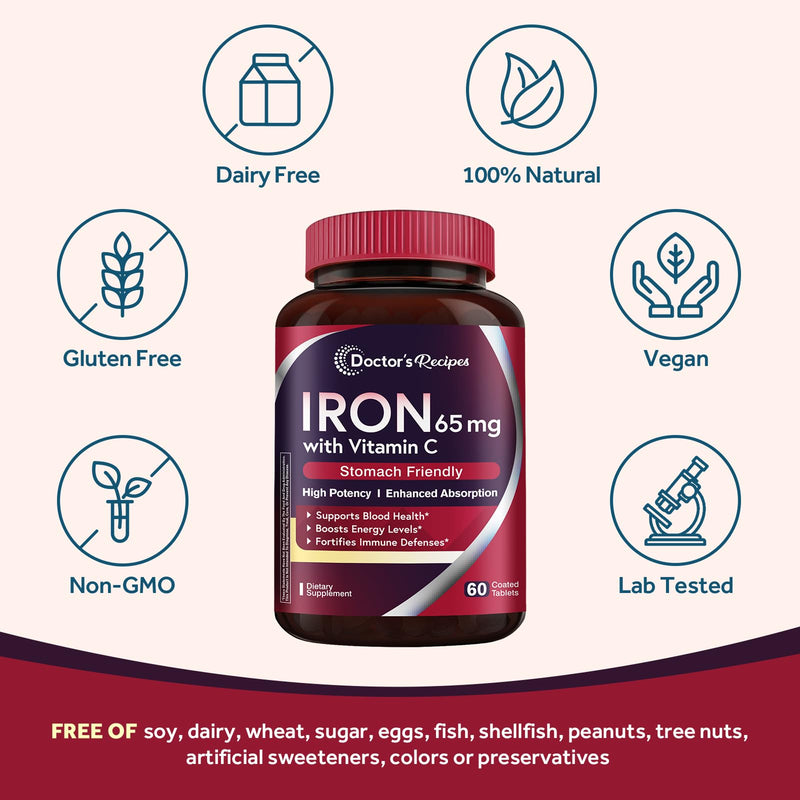 Doctor's Recipes Iron Supplement 65 mg with Vitamin C - Maximized Absorption & Stomach Friendly Iron Pills for Red Blood Cells Formation, Heart, Brain & Immunity Health - Vegan Non-GMO 30 Iron Tablets 30 Count (Pack of 1)