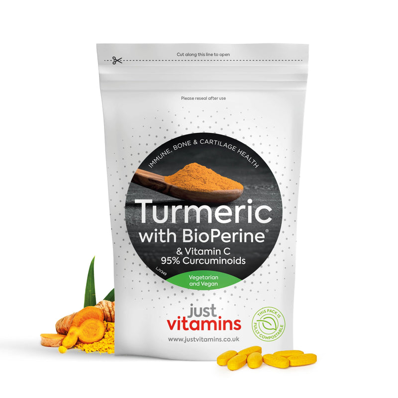 Turmeric Tablets | 12,500mg + Black Pepper BioPerine®, 475mg Curcuminoids & Vitamin C | 120 Vegan Tablets | Joint, Inflammation & Immune Support | UK Made - Just Vitamins 120 count (Pack of 1)