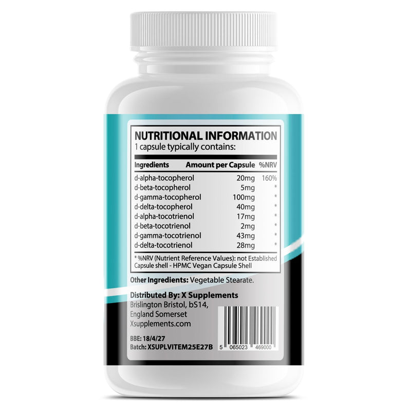 Natural Vitamin E Capsules for Skin | 60 Vegan VIT E Capsules | All 8 E Tocopherols & Tocotrienols | Vitamin E Supplement | Immune System Booster | 100% Natural Ingredients