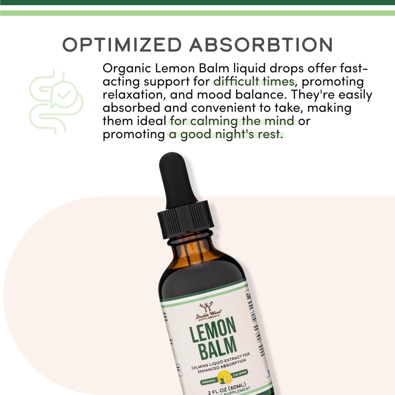 [Australia] - Double Wood Supplements Organic Lemon Balm Tincture - for Digestion & Relaxation 590mg - 2FL OZ, 120 Servings (Better Absorbed Than Capsules, Great for Lemon Balm Tea) 