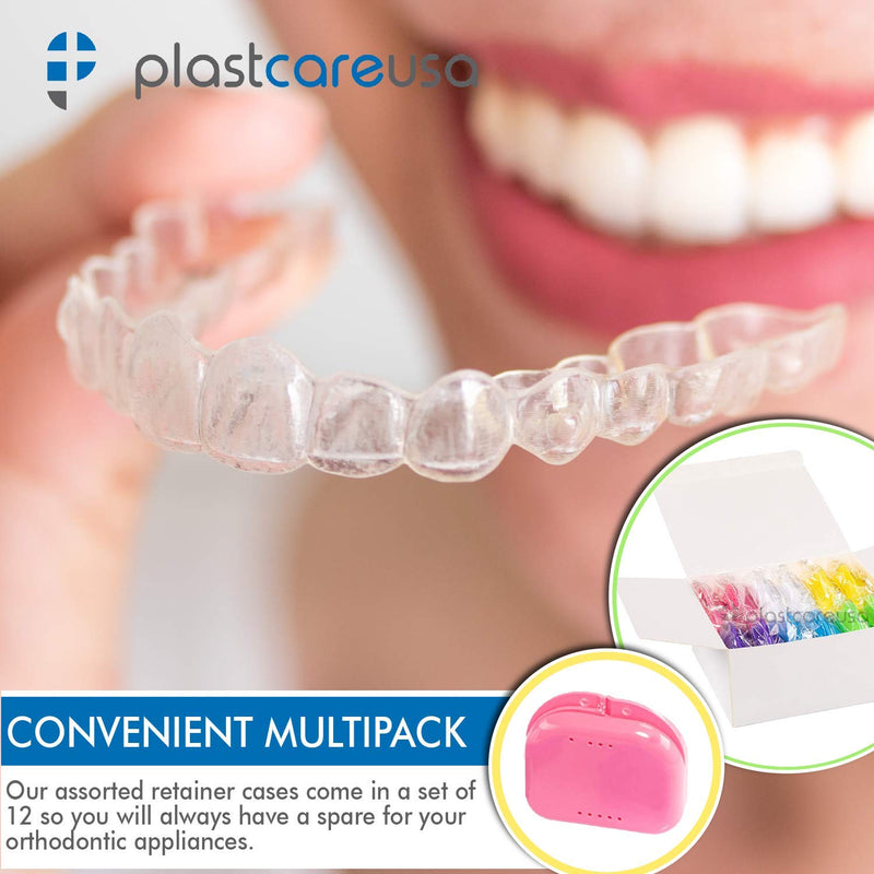 Assorted Retainer Case Box of 12 Individually Sealed, Dental Storage Container for Aligners, Mouth Guards - Yellow, White, Pink, Green, Purple, Blue 12 (1 Box) Assorted