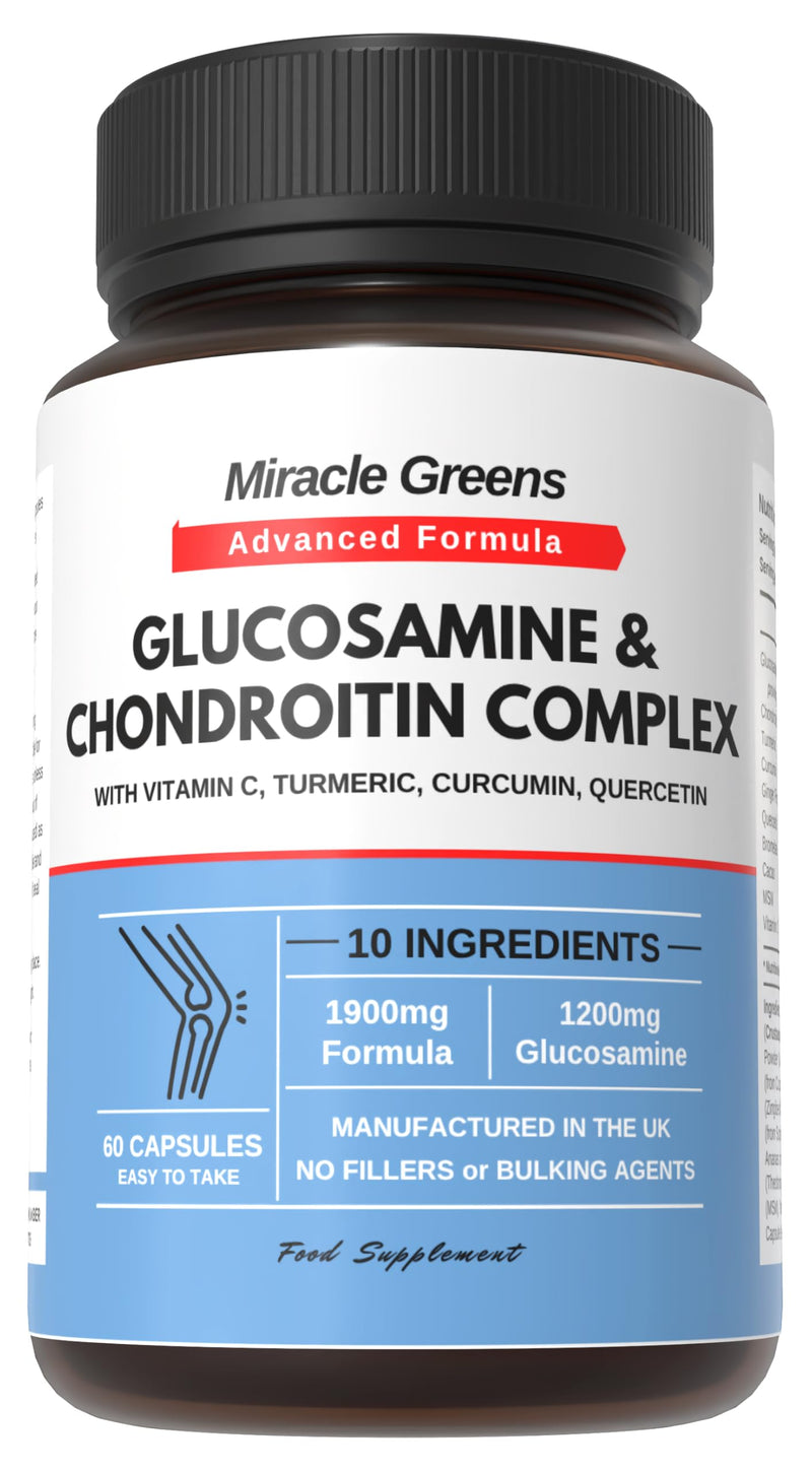 1900mg Glucosamine and Chondroitin Complex | High Strength with 10 Ingredients - Turmeric, Curcumin, Vitamin C, Quercetin, Ginger, MSM and More | Contributes to the Normal Function of Bones | UK Made