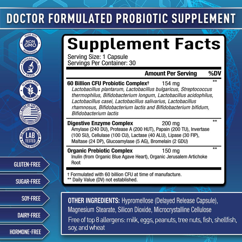 Purely Optimal Probiotics for Digestive Health, 60 Billion CFU – Delayed-Release with Digestive Enzymes & Organic Prebiotics – Bloating, Immune & Energy Support, 30 Caps Unflavored 30 Count (Pack of 1)