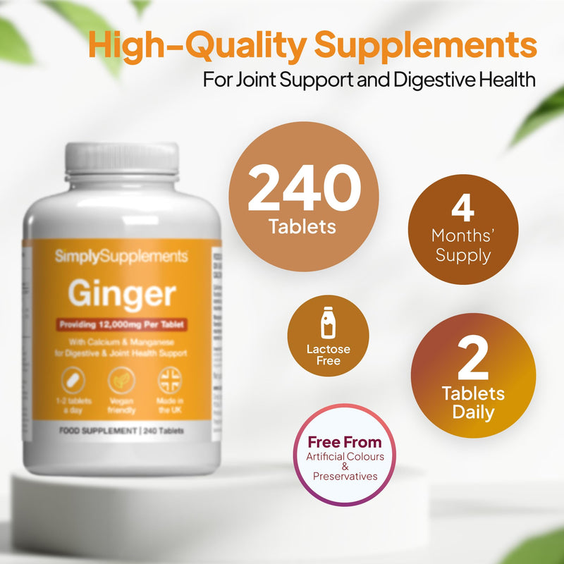Ginger Tablets | Supports Joints, Bones & Energy | with Added Calcium & Manganese | 240 High-Strength Tablets = 4 Months’ Supply | Joint and Digestive Support | GMP-Certified & UK-Made Unflavoured 1 count (Pack of 240)