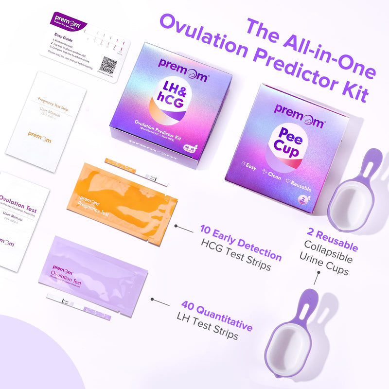 Premom Quantitative Ovulation & Pregnancy Test Kit: 40 LH Strips + 10 HCG Strips + 2 Reusable Urine Cups | at-Home Fertility Test for Women | Smart Digital Ovulation Reader App