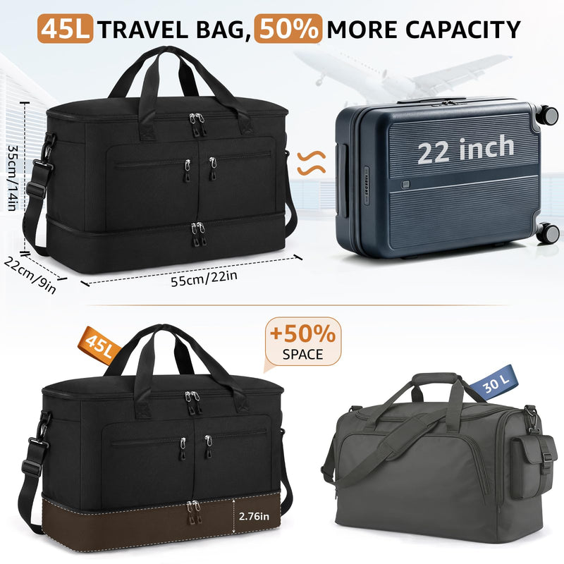 ZOMFELT Carry On Luggage 22x14x9 Airline Approved, 45L Travel Duffle Bag | Travel Duffel Bags With Shoe Compartment, Duffel Bag for Airplane Weekender Overnight Gym, Hospital Bag for Labor Delivery