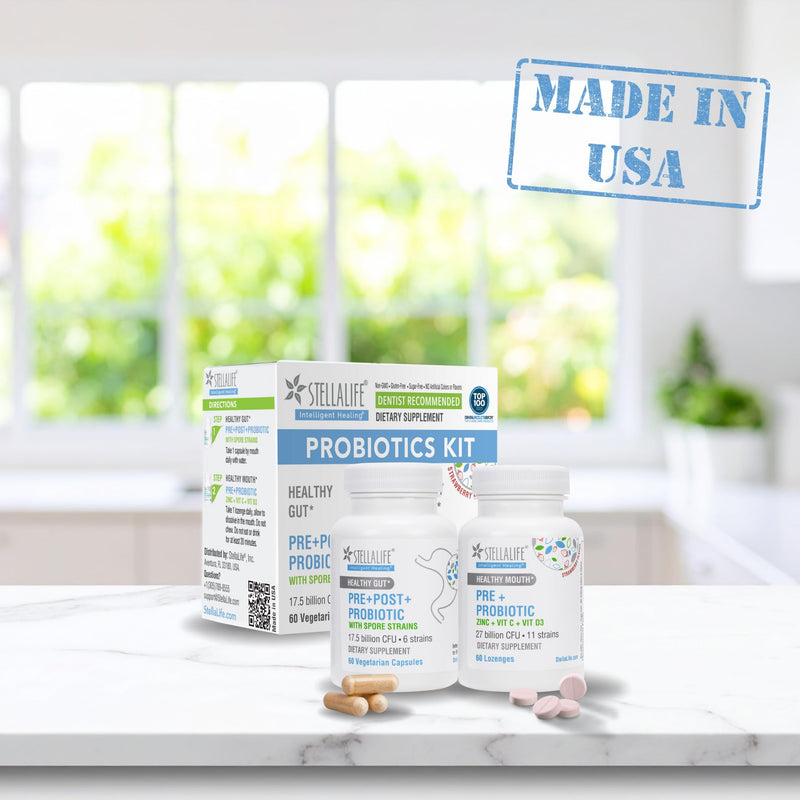 StellaLife Probiotics Oral & Gut Prebiotics Post Probiotics Kit: 44B+ CFU, 11 Oral & 6 Gut Spore strains for Digestive & Dental Health, Bad Breath Treatment, Tongue Hygiene, Strawberry Flavor, 60-Day Oral & Gut 60-day supply