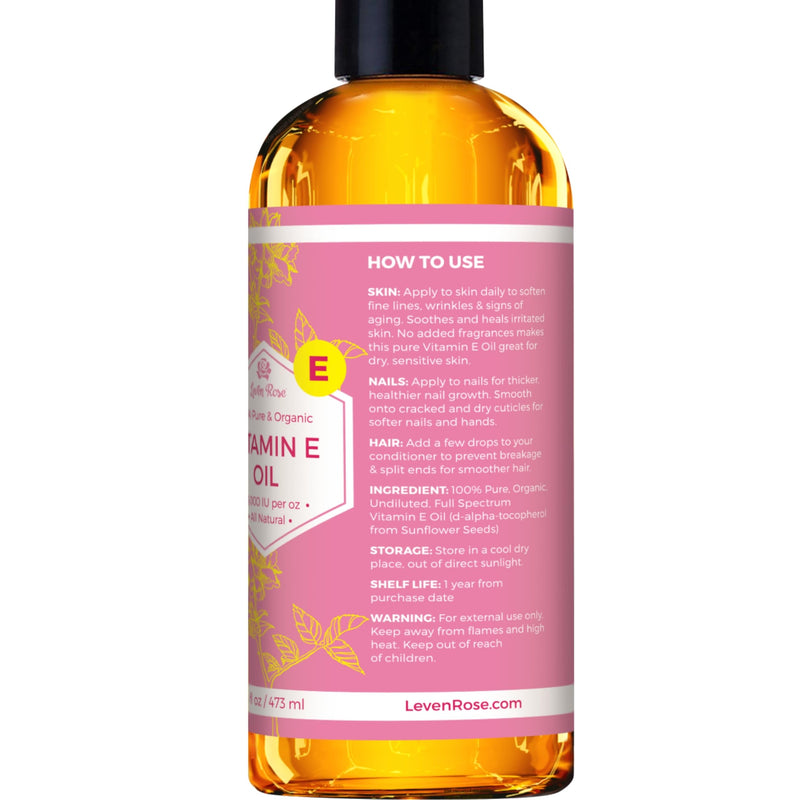 Leven Rose Bulk Vitamin E Oil 75,000 IU per oz 100% Natural, Organic, Pure Vitamin E Oil for Skin, Face, Hair, and Nails, 16 oz 16 Fl Oz (Pack of 1)