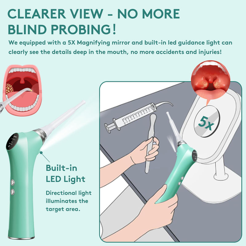 [Australia] - Electronic Vacuum Tonsil Stone Remover - Tonsil Stone Removal Kit with Built-in LED Light & 3 Suction Mode - Fight Bad Breath Oral Irrigator & 5X Magnifying Mirror for Tonsil Stone Removal - Green 