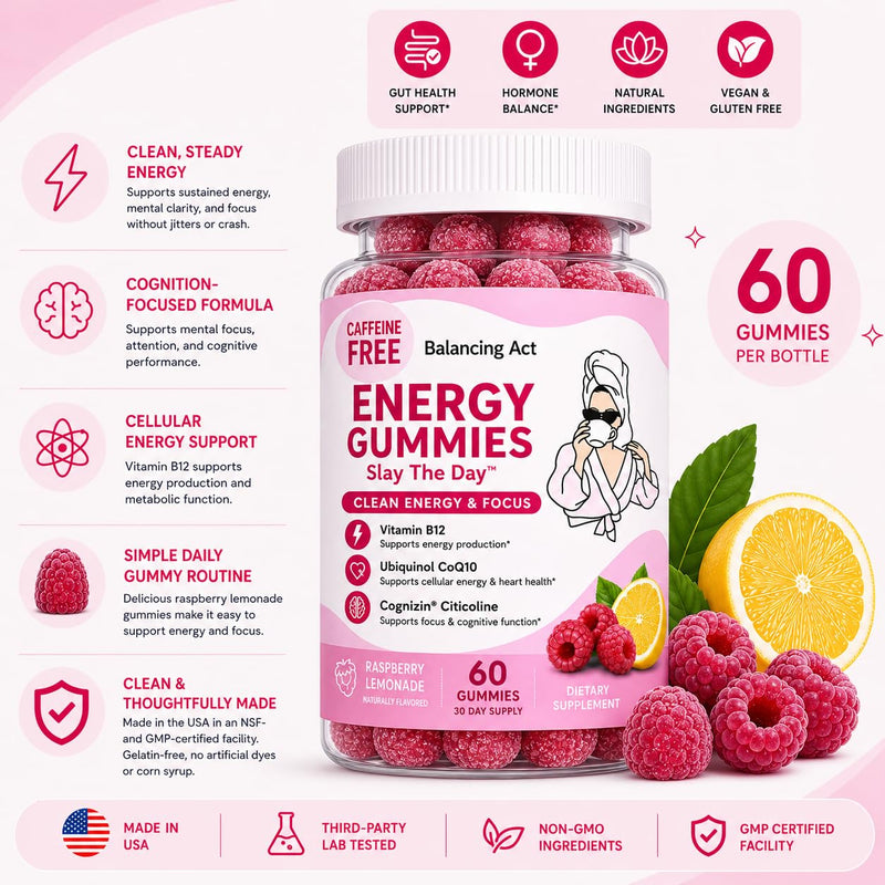 Balancing Act – Slay The Day Energy Gummies – Caffeine Free Focus & Clean Energy Support – with Vitamin B12, CoQ10 & Cognizin® Citicoline – Raspberry Lemonade – 60 Count (30 Day Supply)
