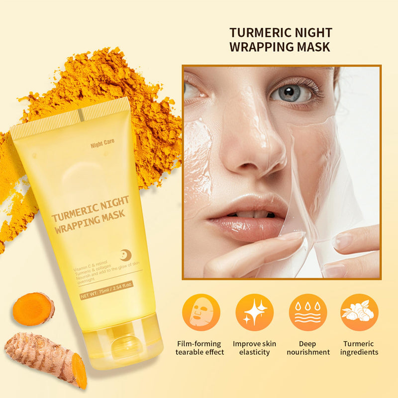 Turmeric Night Wrapping Mask, Peel-Off Face Mask Gel - Rich In Vitamin C & Retinol Long-Lasting Moisturizing & Locks In Moisture, Deep Nourish Turmeric & Collagen Mask, 2.54oz LK Turmeric Night Wrapping Mask