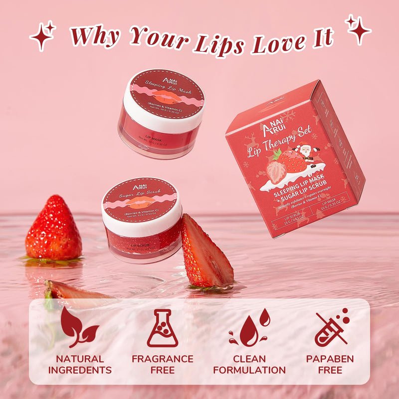 [Australia] - ANAI RUI Lip Scrub & Lip Mask Holiday Gifts, Lip Exfoliator Scrub and Moisturizer Gift For Girls, Lip Scrubber Exfoliator & Sugar Lip Scrub with Vitamin C, Lip Sleeping Mask Gift Set for Women BERRIES-Xmas 