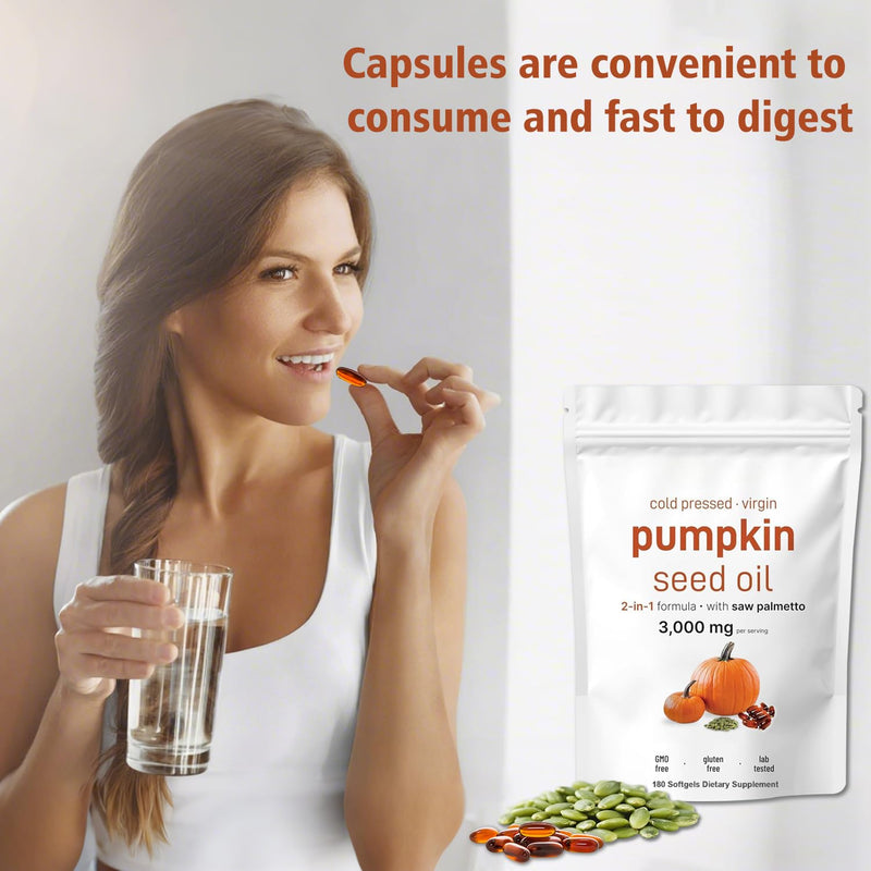 Pumpkin Seed Oil Capsules | Cold Pressed, Pure Virgin Oil, Essential Fatty Acids & Phytosterols 180 Softgels, Good for hair health | Non-GMO