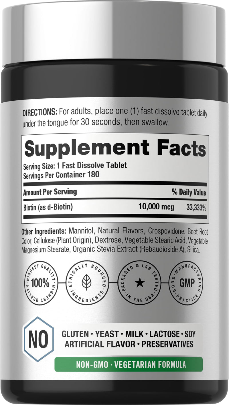Horbäach Biotin 10000mcg | 180 Fast Dissolve Tablets | for Women & Men | Beauty Supplement | Vegetarian, Non-GMO, Gluten Free
