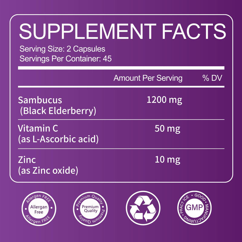 Organic Black Elderberry Capsules,Support Immune & Digestive Wellness | 3-in-1 Gut Support Complex with Zinc & Vitamin C,Non-GMO,Gluten Free,90 Capsules