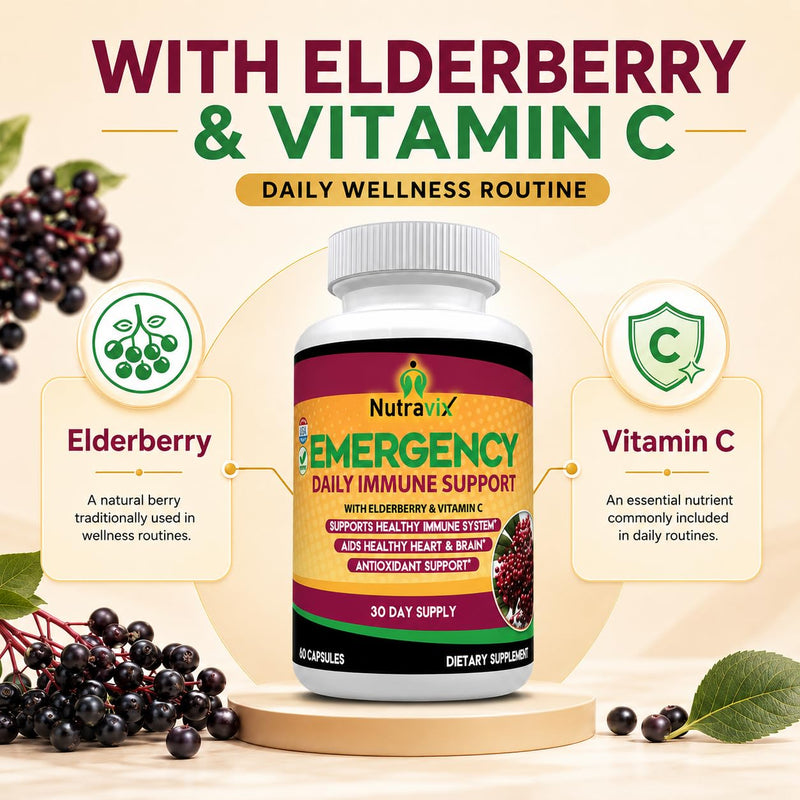 Elderberry Immune Support Supplement 300mg, Sambucus Nigra Black Elderberry Capsules with Vitamin C, Zinc, Echinacea, Turmeric & Garlic, 60 Vegan Capsules, Non-GMO