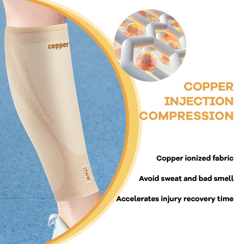 Copper Calf Compression Sleeve for Men and Women, Shin Splint Compression Sleeve for Legs Pain Relief, Footless Compression Socks for Varicose Veins (Nude, Medium) Nude