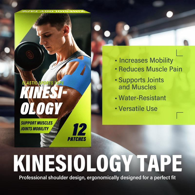 [Australia] - Kinesiology Tape for Shoulder, Precut Athletic Tape for Pain Relief, Elastic Support & Stability, Waterproof & Breathable,12 pcs 12 Count 