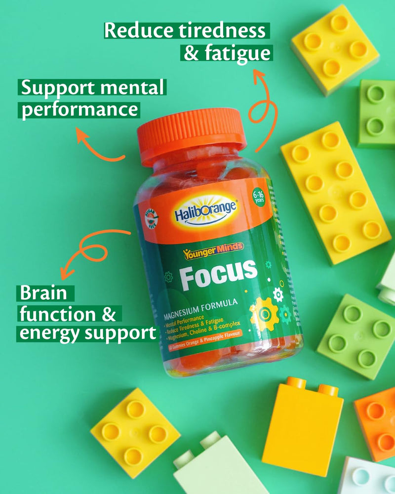 Haliborange YoungerMinds Focus Gummies for Kids 6-16 | Sugar-Free Brain Support with Magnesium, Choline & B-Vitamin Complex | Boosts Focus, Energy & Mental Performance – 60 Gummies
