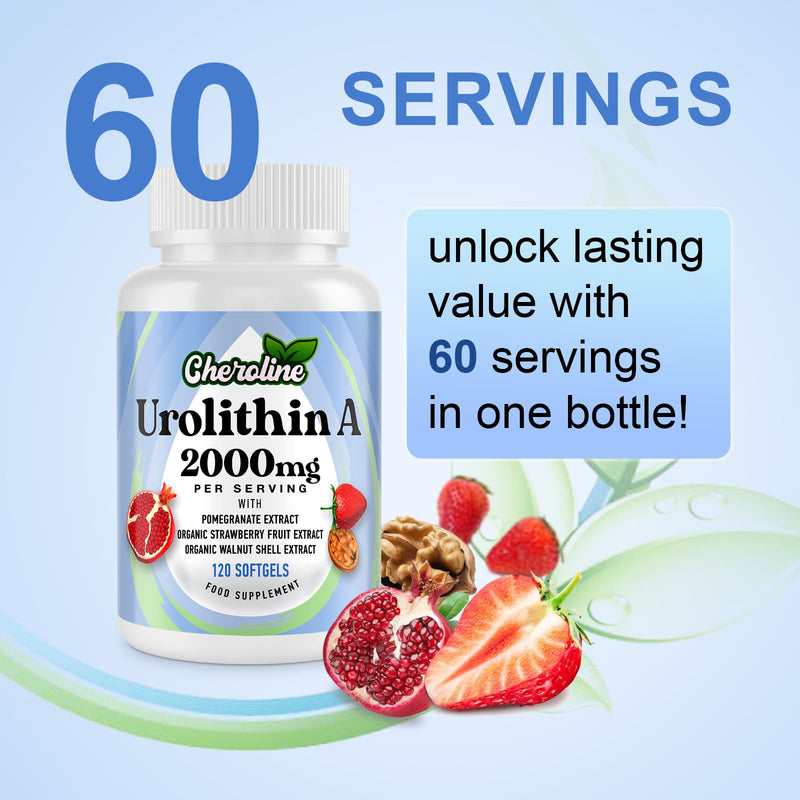Urolithin A Supplement 2000mg - 120 Softgels 60-Day Supply - Enhanced with Pomegranate, Strawberry, and Walnut Extracts - for Mitochondria & Energy (120 Count (Pack of 1)) 120 count (Pack of 1)
