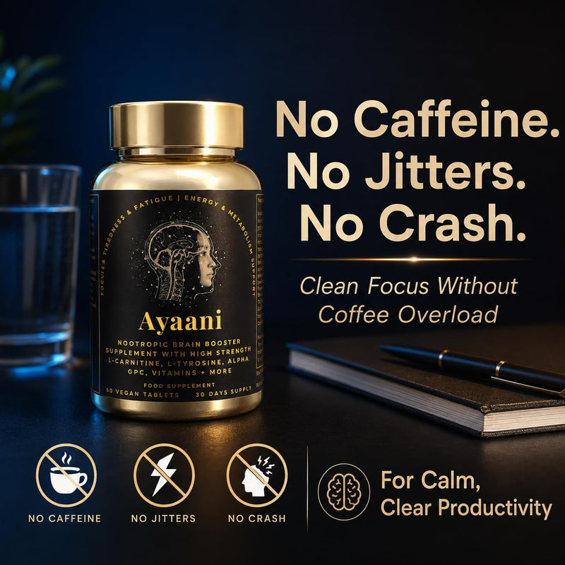 Focus Brain Booster & Memory Supplement | 25-in-1 Caffeine-Free Nootropic with Alpha GPC 300mg, Citicoline & L-Theanine | Brain Fog, Fatigue, Focus & Mental Clarity | 60 Vegan Tablets