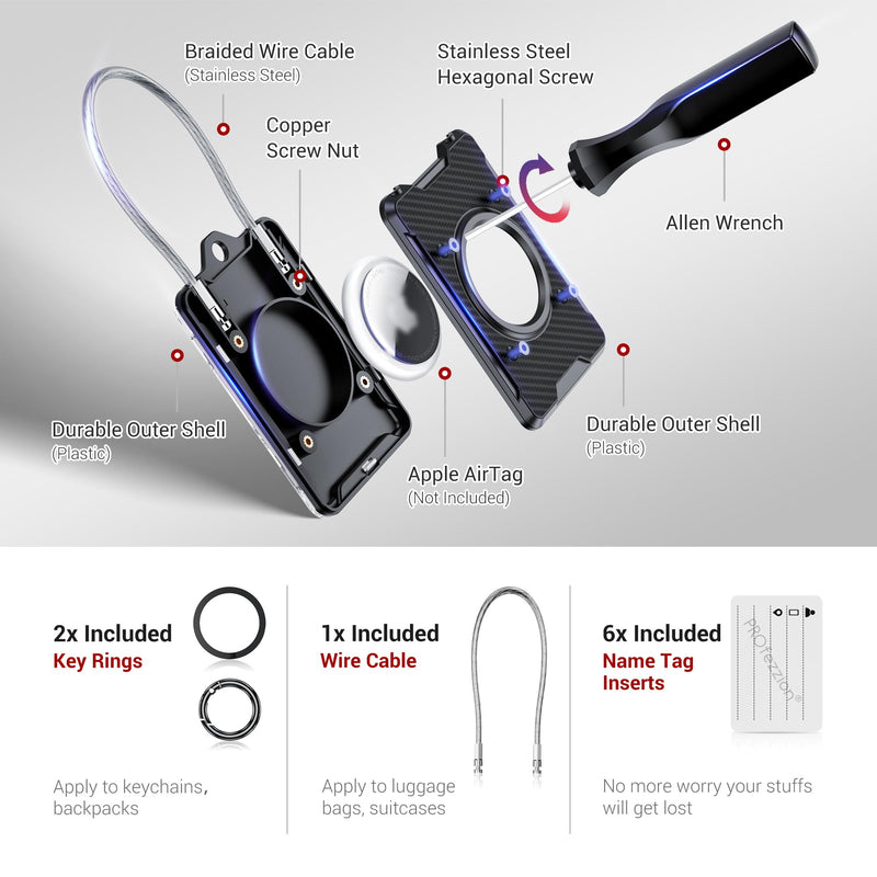 PROfezzion Luggage Tag AirTag Holder with Wire Cable Key Rings for Travel + Metal AirTag Holder for Luggage