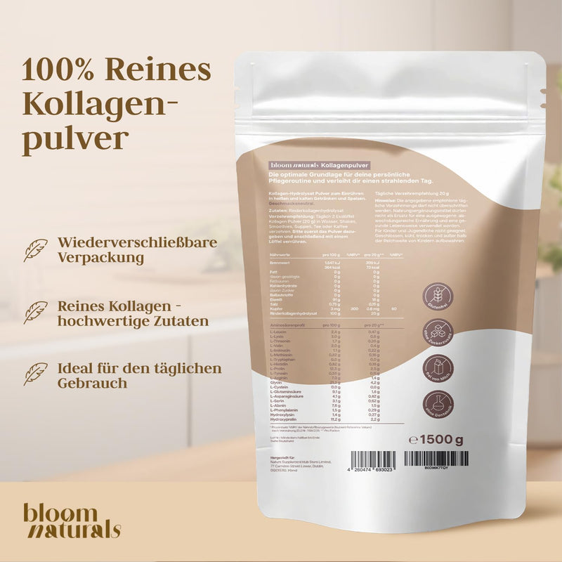 [Australia] - Collagen powder 1500g (1.5 kg) - high dose and tasteless collagen hydrolyzate powder, peptide type 1 & 3 - collagen powder, collagen peptides - produced in Germany XXL storage pack collagen 1500g (1.5 kg) 