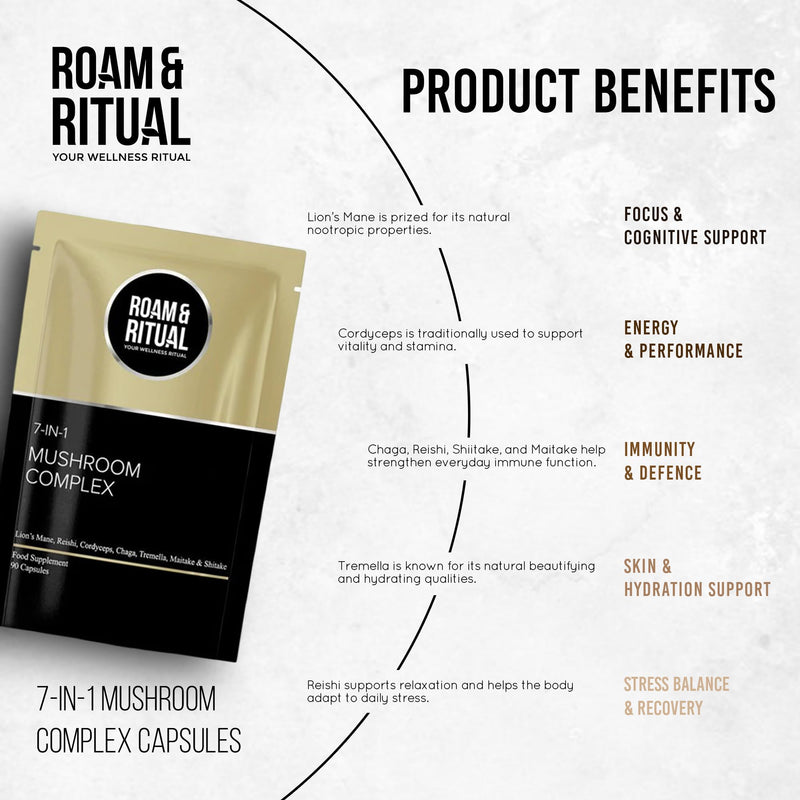 Mushroom Complex Capsules 11,700mg per Serving - Lion’s Mane, Reishi, Cordyceps, Chaga, Shiitake, Maitake & Tremella for Focus, Immunity & Defence | 90 Capsules UK Made by Roam & Ritual™