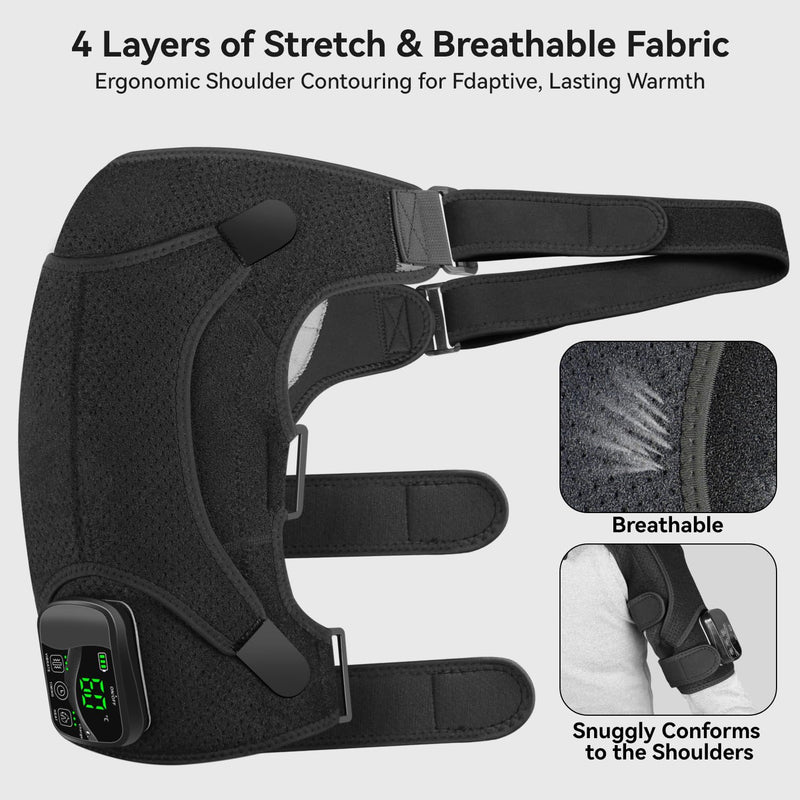 Cordless Electric Heated Massage Shoulder Wrap Pad with 3 Vibration and Heat Settings Hot Therapy for Shoulder Pain Relief, Black, One Size