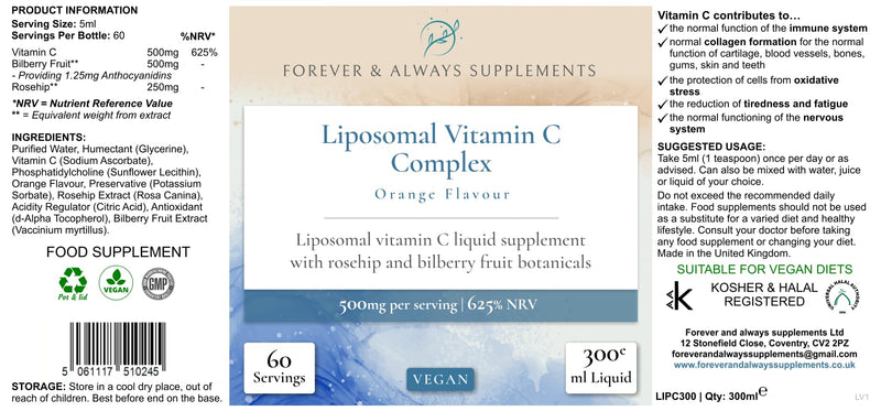 Liposomal Vitamin C Complex Liquid - High Strength 500mg - Superior Absorption & bioavailability - Support Immune System, Bones, Cartilage & Much More, Forever & Always Supplements