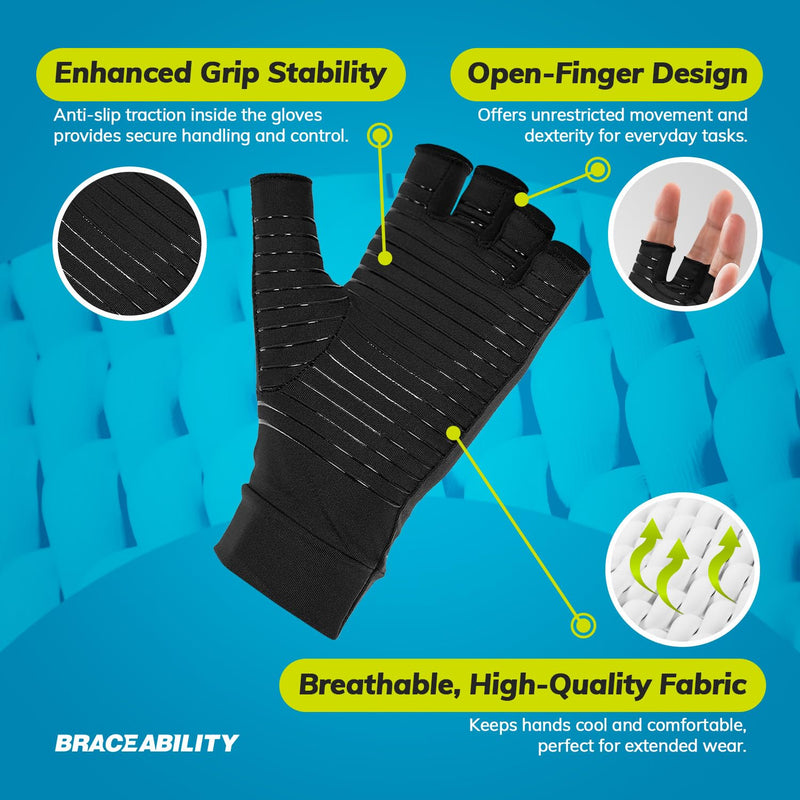 BraceAbility Carpal Tunnel Compression Gloves - Fingerless Copper Arthritis Gloves for Men and Women - Hand Pain Relief, Rheumatoid Arthritis, Circulation, Swelling, Tendonitis Support (M - Pair) Medium