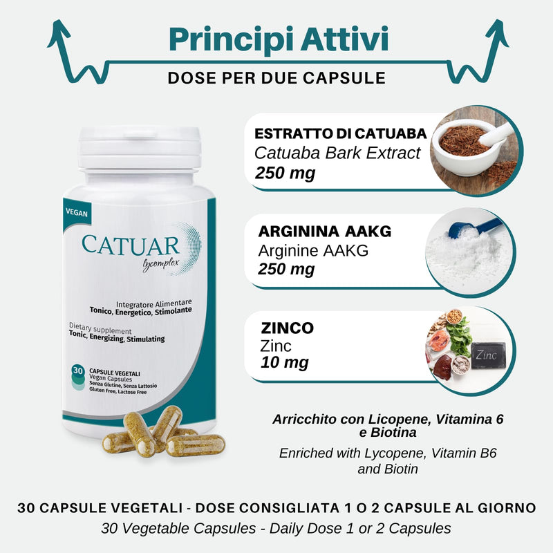 Catuar Lycomplex Energizing and Stimulating Men's Supplement | Increases Vigor and Endurance | with Catuaba, Arginine, VIT. B6 and Lycopene | 100% Natural and Made in Italy | 30 Vegetable Capsules