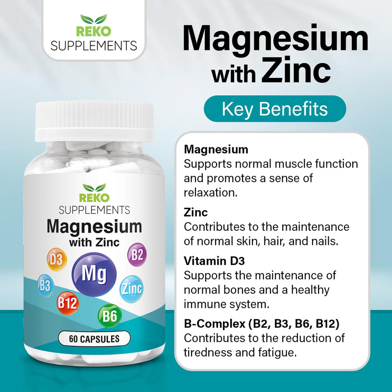 Magnesium with Zinc - Sleep & Muscle Recovery, 60 Capsules | High Strength - Reduces Tiredness & Supports Immunity - Vitamins B12, B6, B3, B2 & D3 Non-GMO