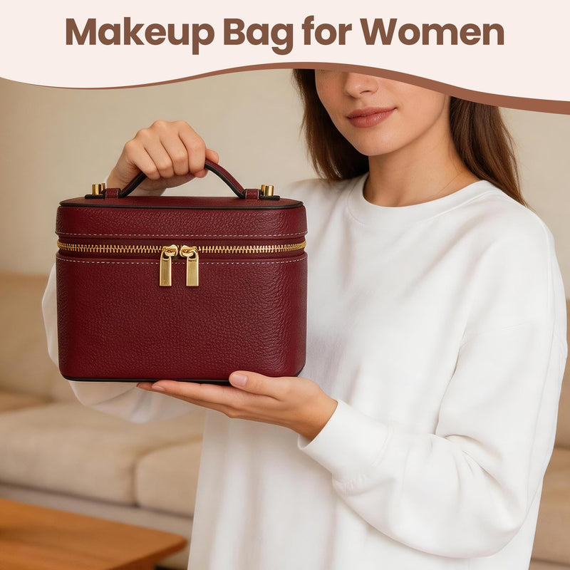 PU Leather Travel Makeup Bag Hard Cosmetic Organizer Vanity Case for Women | Water-resistant exterior wipes clean instantly. Sturdy box structure protects delicate cosmetics and glass skincare bottles Burgundy