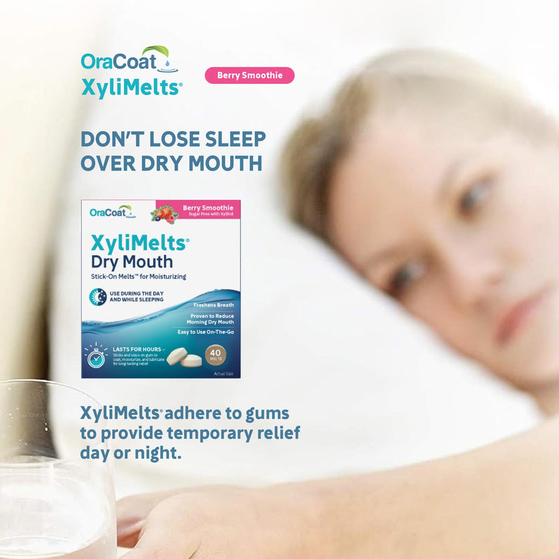 [Australia] - OraCoat XyliMelts Dry Mouth Relief Moisturizing Stick-On Melts Berry Smoothie with Xylitol, For Dry Mouth, Stimulates Saliva, Non-Acidic, Day and Night Use, Time Release, 40 Count 