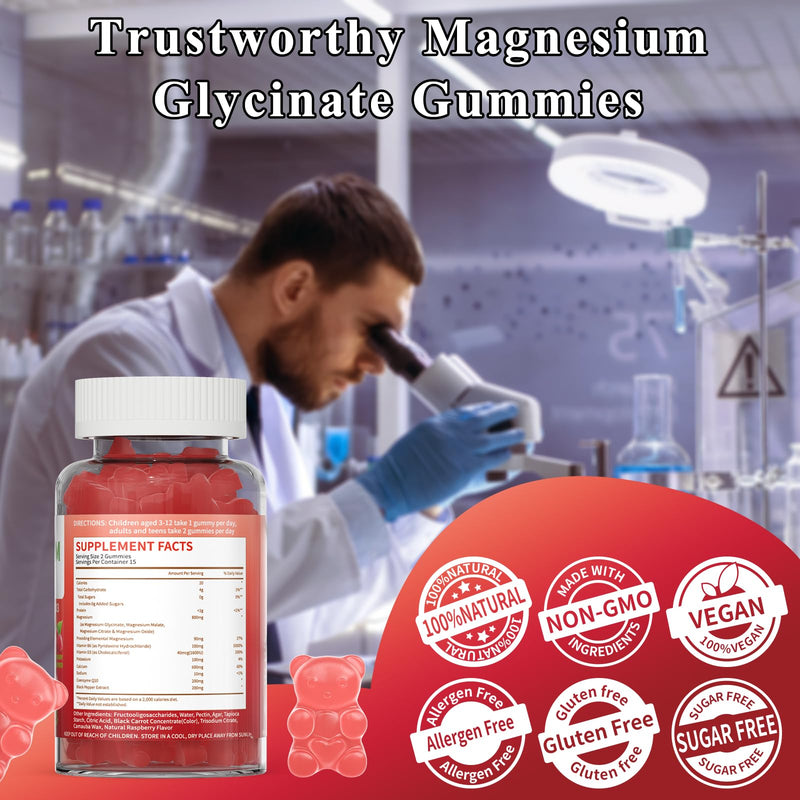Magnesium Glycinate Gummies 800mg Per Serving, Sugar Free Magnesium Supplement with Magnesium Malate, Calcium, Vitamin D3, B6, CoQ10 for Calm Support & Zzz for Adults Kids Raspberry 30 Count (Pack of 1)