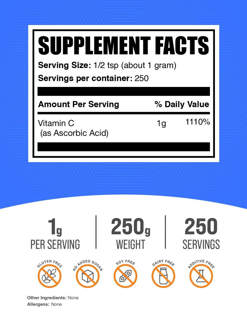 BulkSupplements.com Vitamin C (Ascorbic Acid) Powder - 250g (Pack of 1) | Immune Support: Gluten Free, 1g per Serving, (8.8 oz) 8.82 Ounce (Pack of 1)