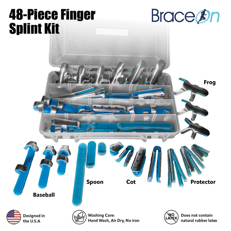 [Australia] - Brace On 48-Piece Thumb and Finger Splint Kit Hand Injury Splints, Comfortable Foam Support, Metal Splinting, 5 Assorted Styles, Thumb Brace, Finger Cots, Thumb Splint and Finger Spint and Braces 