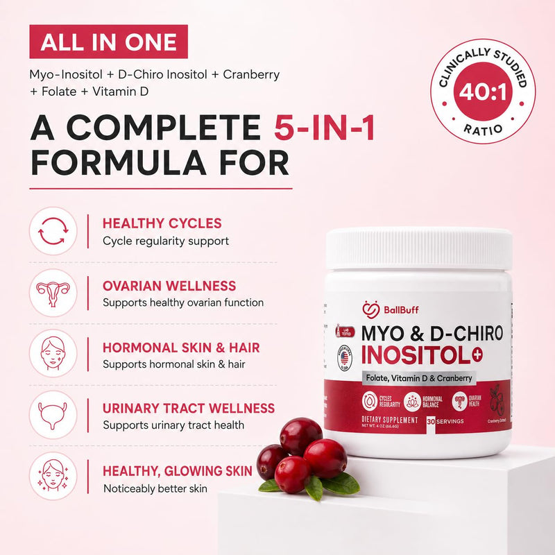 Myo-Inositol & D-Chiro Inositol Powder - 40:1 Ratio with Folate, Vitamin D & Cranberry - Inositol Supplement for Women - 30 Day Supply