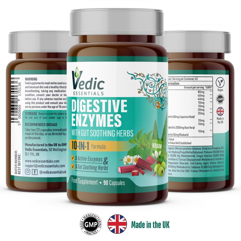 Vedic Digestive Enzymes + Herbs Complex for Better Digestion & Tummy Comfort | Advanced Digestive Supplement for Bloating, Gas, Indigestion | 5 Enzymes + Peppermint, Aloe, Licorice | UK Made, Vegan