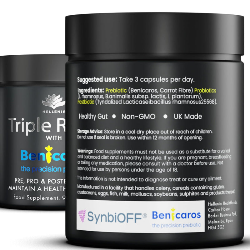 Tribiotic Capsules - Probiotics, Prebiotics & Postbiotics | Triple Rhamnosus with Patented Benicaros ® - 90 Capsules | Tribiotics Maintain a Healthy Gut Flora | GMP Certified Product, Made in The UK