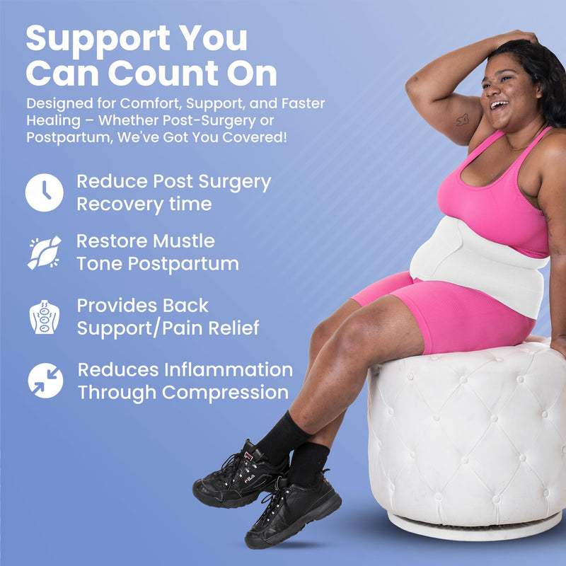 QORE LOGIQ Plus Size Abdominal Binder Post Surgery - C Section Belly Binder, Postpartum Belly Band, Adjustable 9" Compression Wrap for Stomach & Hernia Belt, White 4XL 4X-Large