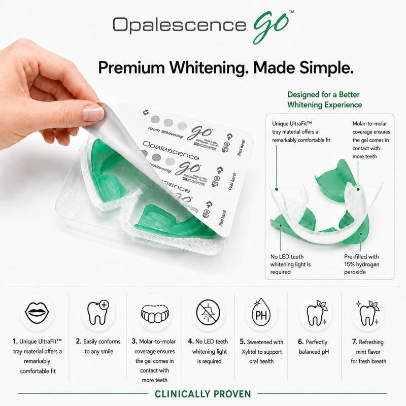 Opalescence GO 15 Teeth Whitening Trays Bundle 15% Hydrogen Peroxide 6238-T | Gel Prefilled Trays - Includes Original Toothpaste Travel Size 1 Oz & 2Chill Toothbrush. Mint - by Ultradent (7 Treatments) 1 Count (Pack of 7)