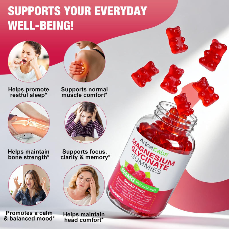 120ct Magnesium Glycinate Gummies,Raspberry Magnesium Gummy for Enhanced Focus, Restful Sleep, Balanced Blood Sugar (600mg Mg Glycinate) with VIT D3, B6 & Coq10 for Sleep Support,Relaxation