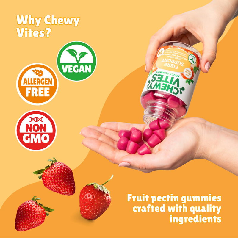 Chewy Vites Adults Fibre Support, 60 High Fibre Gummies with 4000mg, with Calcium & Chromium, 1 Month Supply, Vegan, Strawberry Flavour, for Gut Health and Healthy Digestion