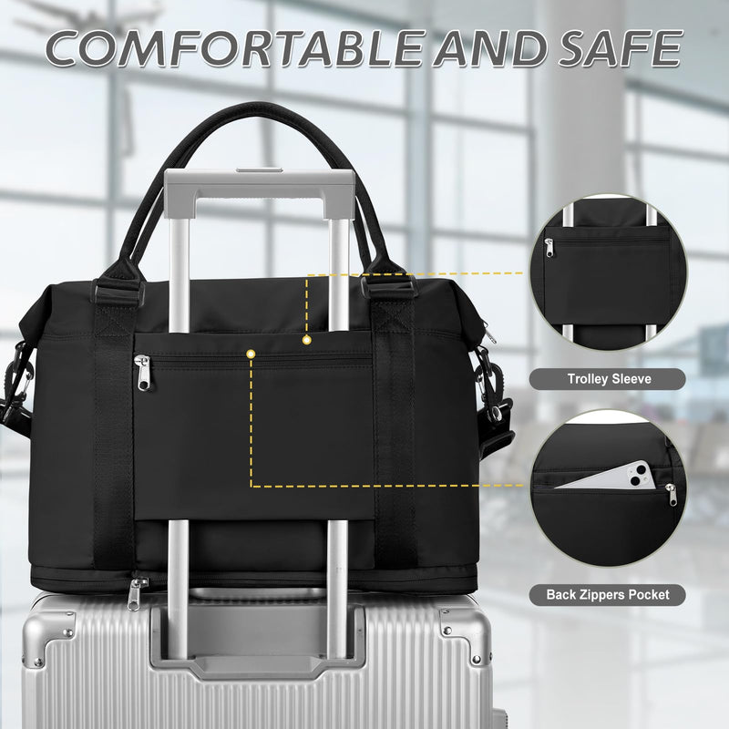 Travel Duffel Weekender Bag Women Tote Carry On Bags With Shoe Compartment | 18x14x8 inches Travel Overnight Bags with Trolley Sleeve for Airplanes Sport Tote Gym for Men Lightweight Daypack Black..