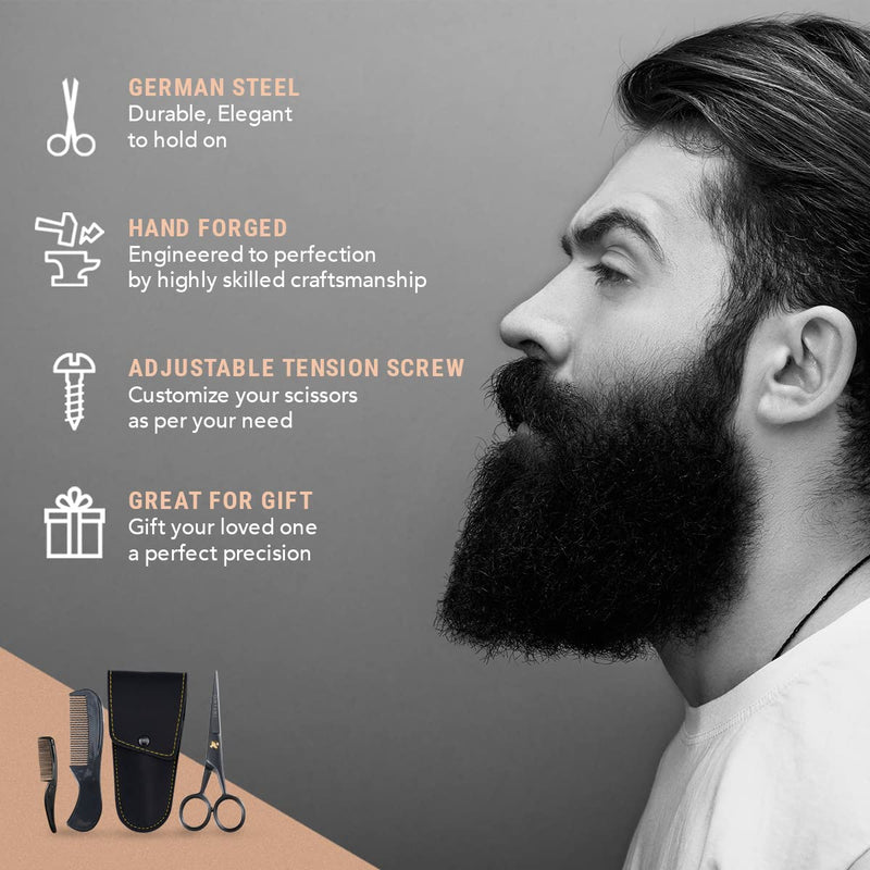 [Australia] - ONTAKI Professional German Steel Beard Scissors 5" Men's Mustache Scissors with Beard Comb and Carry Case Hand Forged Bevel Edge Precision Facial Hair - Black 